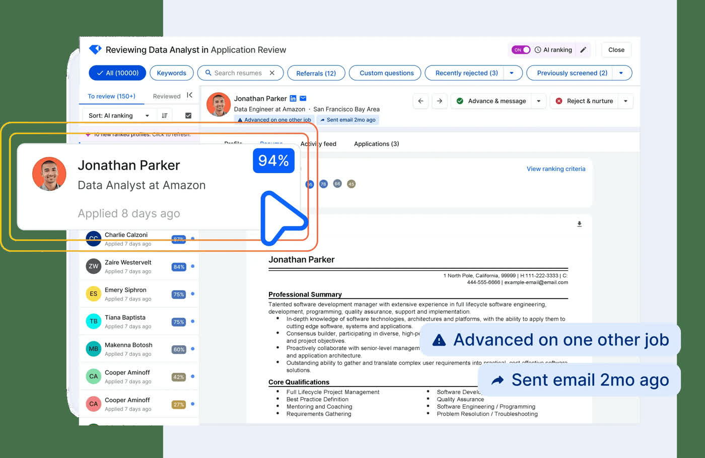 Gem application review screen showing AI ranking scores and resume detail for candidates applying to a Data Analyst role