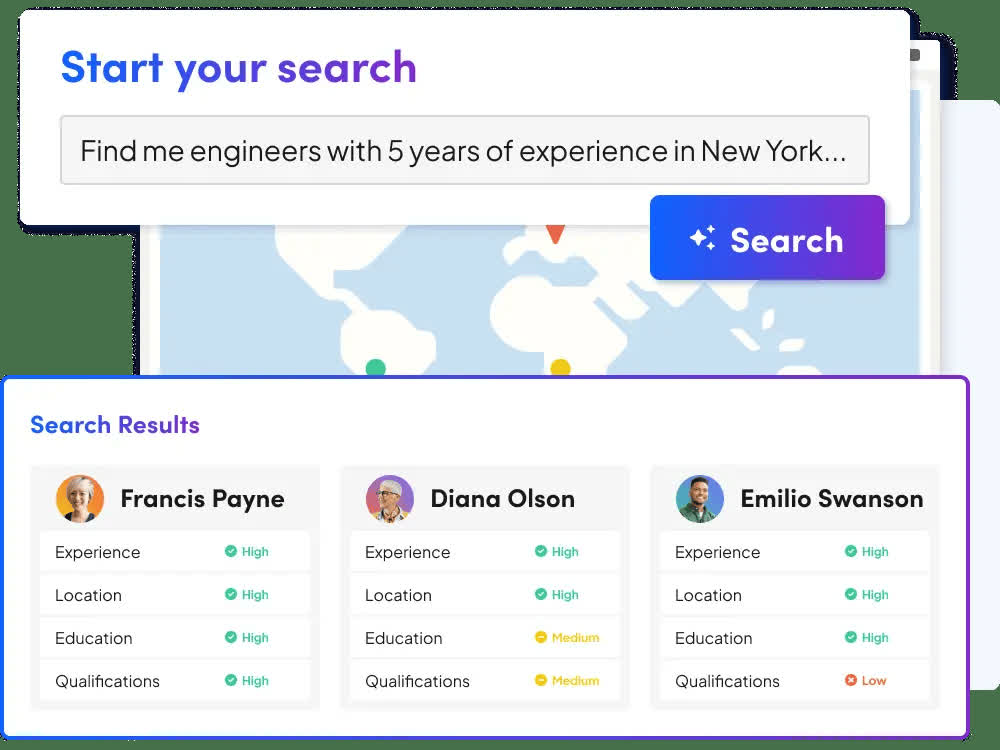 Gem AI sourcing search screen showing natural language candidate search results with experience, location and education match ratings