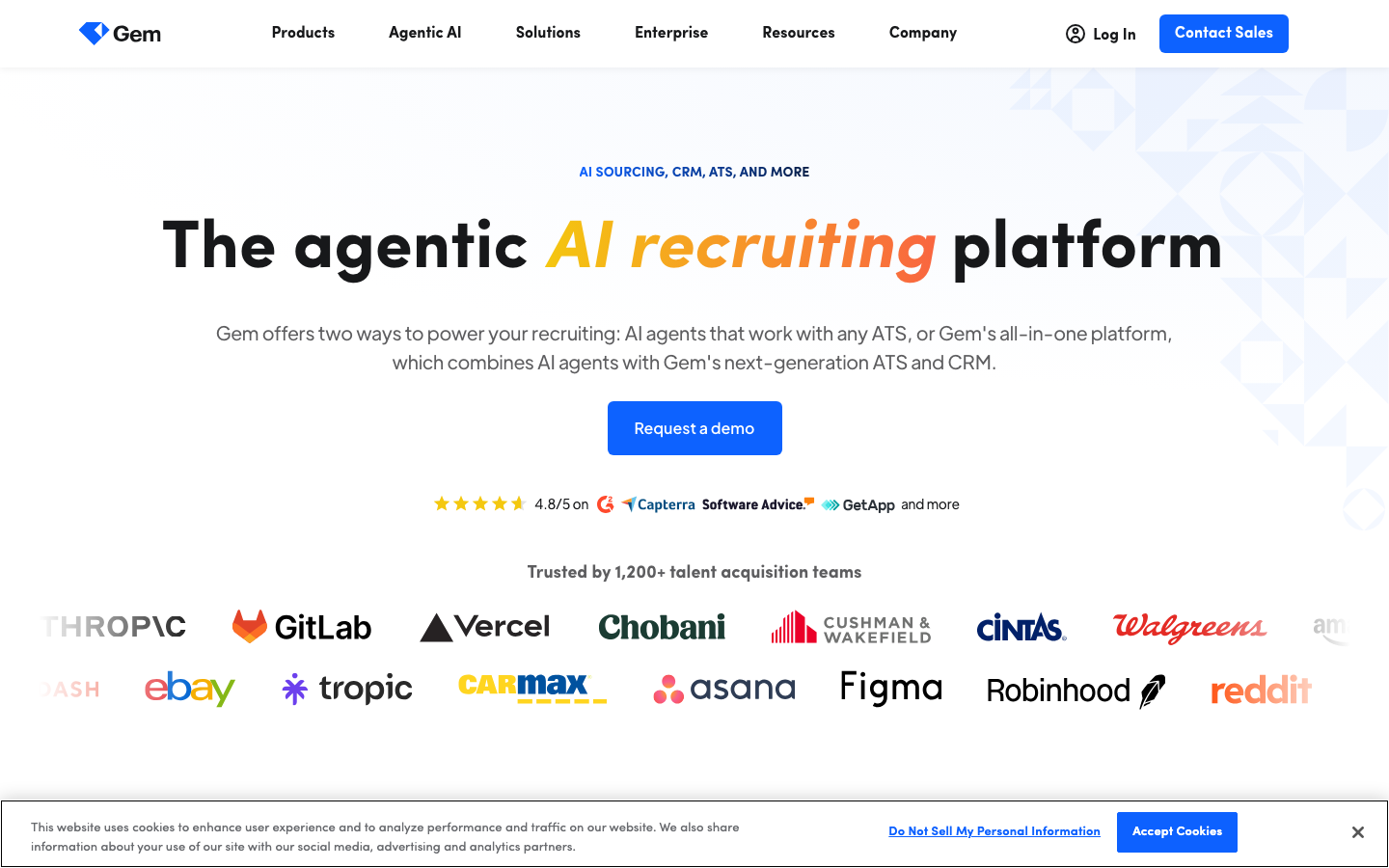 Gem homepage showing AI-first all-in-one recruiting platform combining ATS, CRM, sourcing and analytics for talent acquisition teams