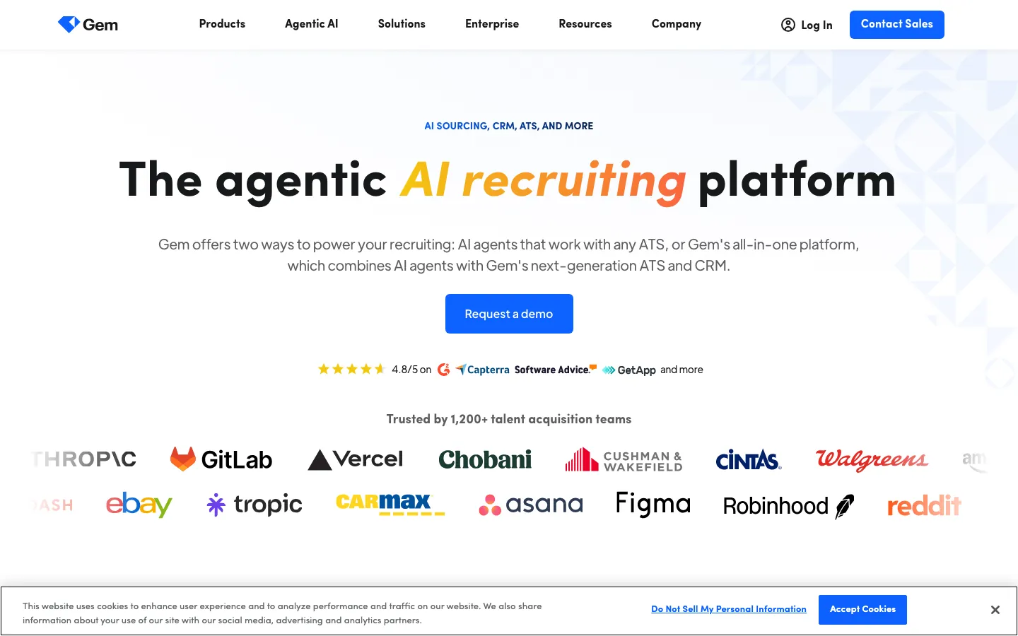 Gem homepage showing AI-first all-in-one recruiting platform combining ATS, CRM, sourcing and analytics for talent acquisition teams