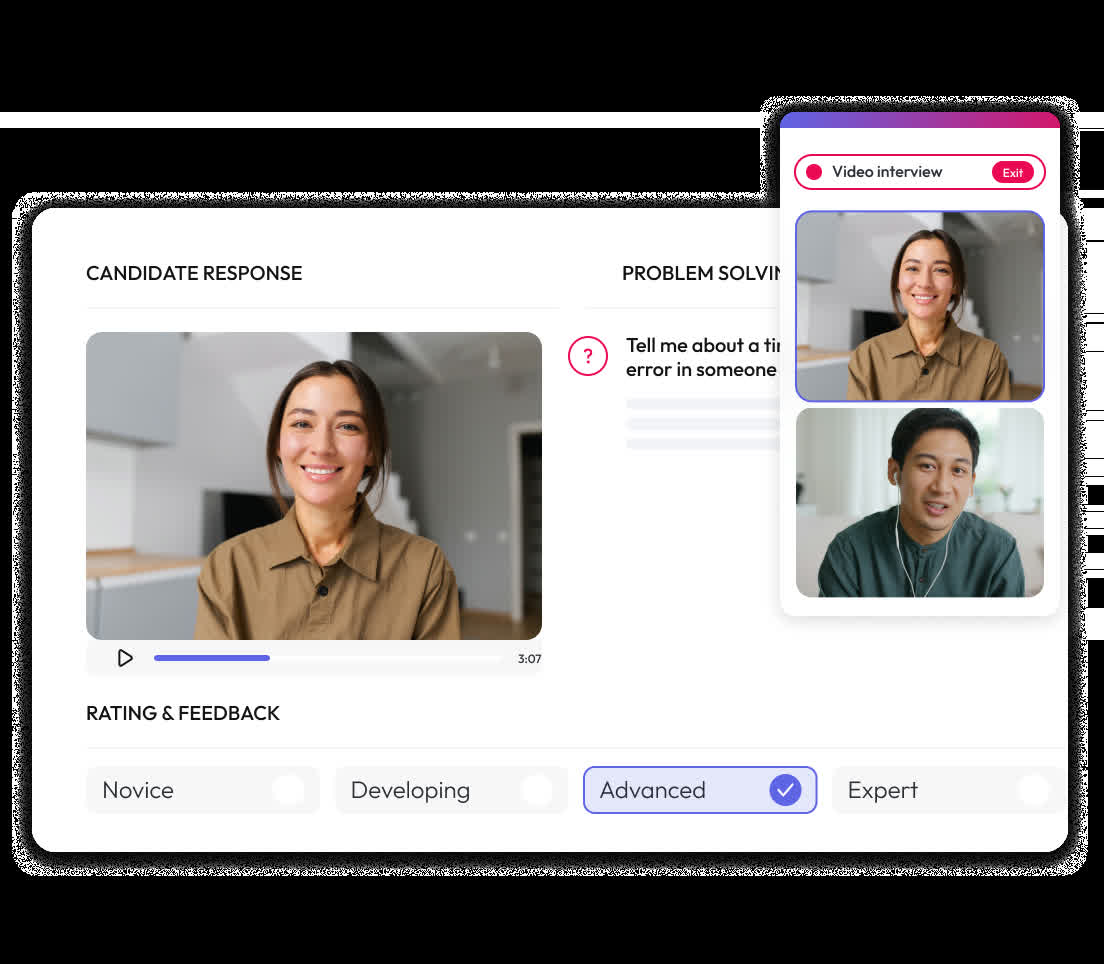 HireVue video interview review screen showing a candidate response recording next to a structured rating scale from Novice to Expert