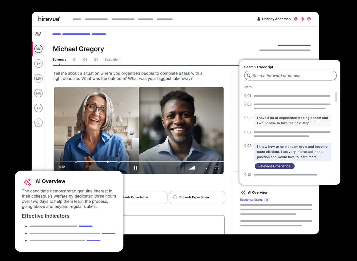 HireVue interview evaluation dashboard showing two candidate video responses, a searchable transcript and an AI Overview summary panel