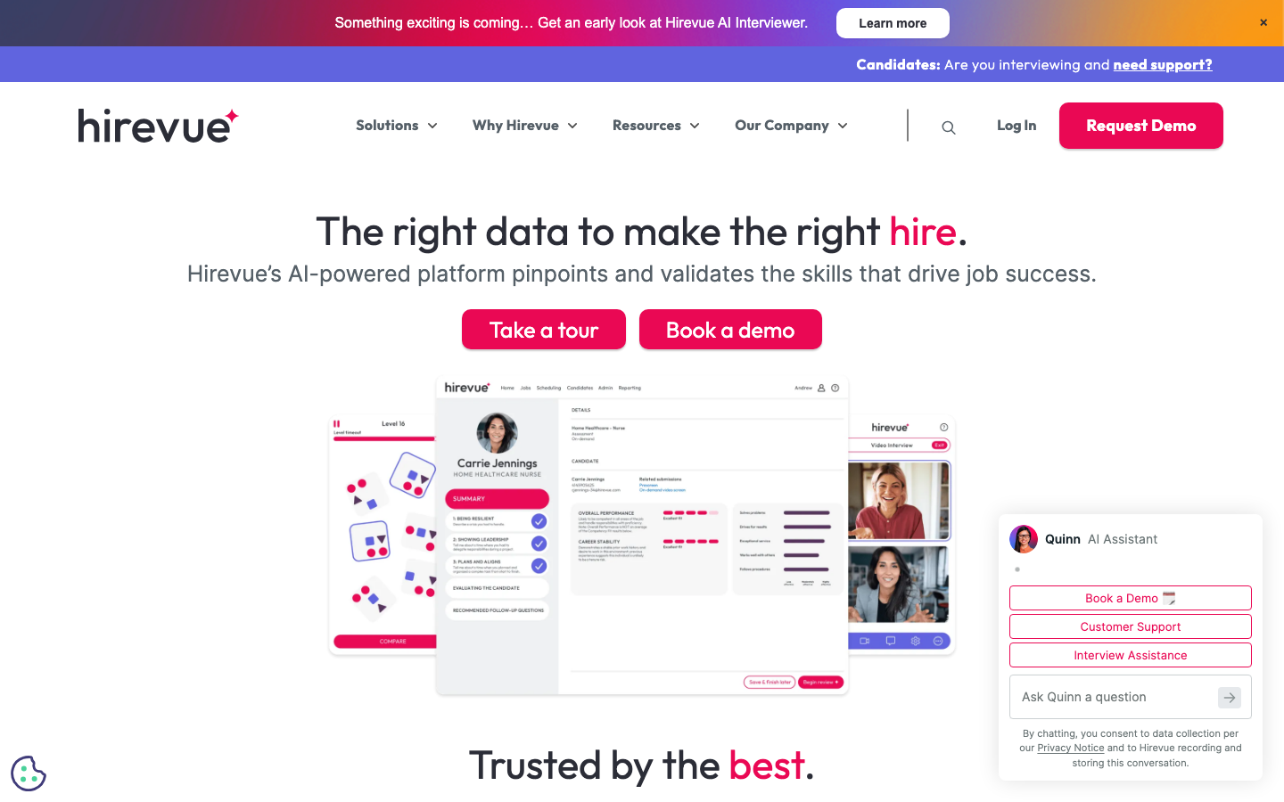 HireVue homepage showing enterprise hiring intelligence platform with AI video interviewing and IO-psychology assessment scoring