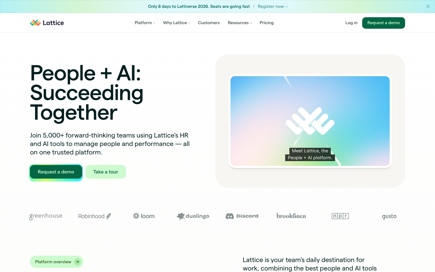 Lattice homepage showing performance management platform with OKRs, engagement surveys, AI Agent and people analytics for mid-market teams