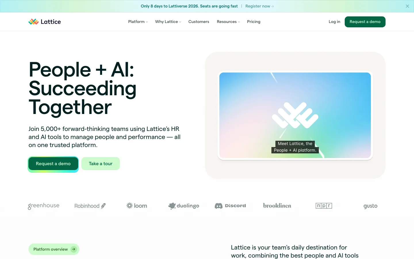 Lattice homepage showing performance management platform with OKRs, engagement surveys, AI Agent and people analytics for mid-market teams