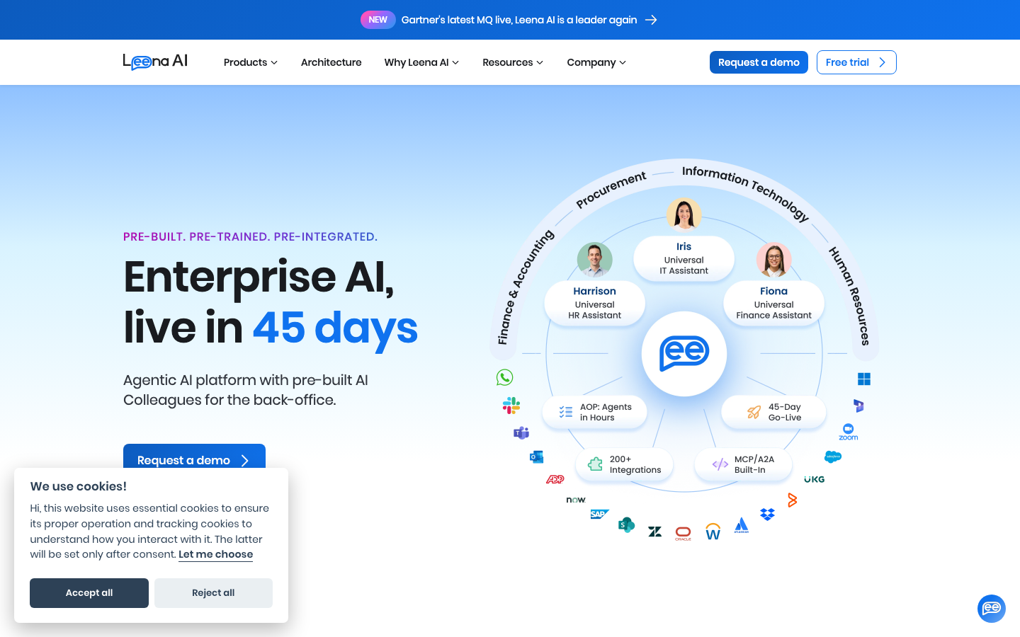 Leena AI homepage showing agentic AI platform for enterprise employee service automation across HR, IT and finance functions
