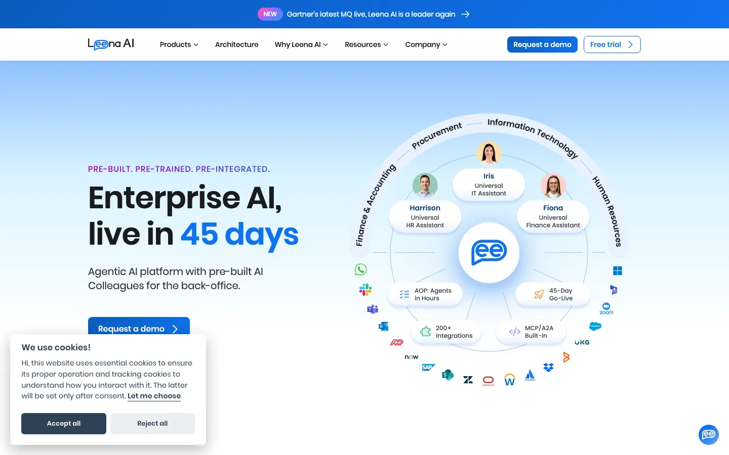 Leena AI homepage showing agentic AI platform for enterprise employee service automation across HR, IT and finance functions