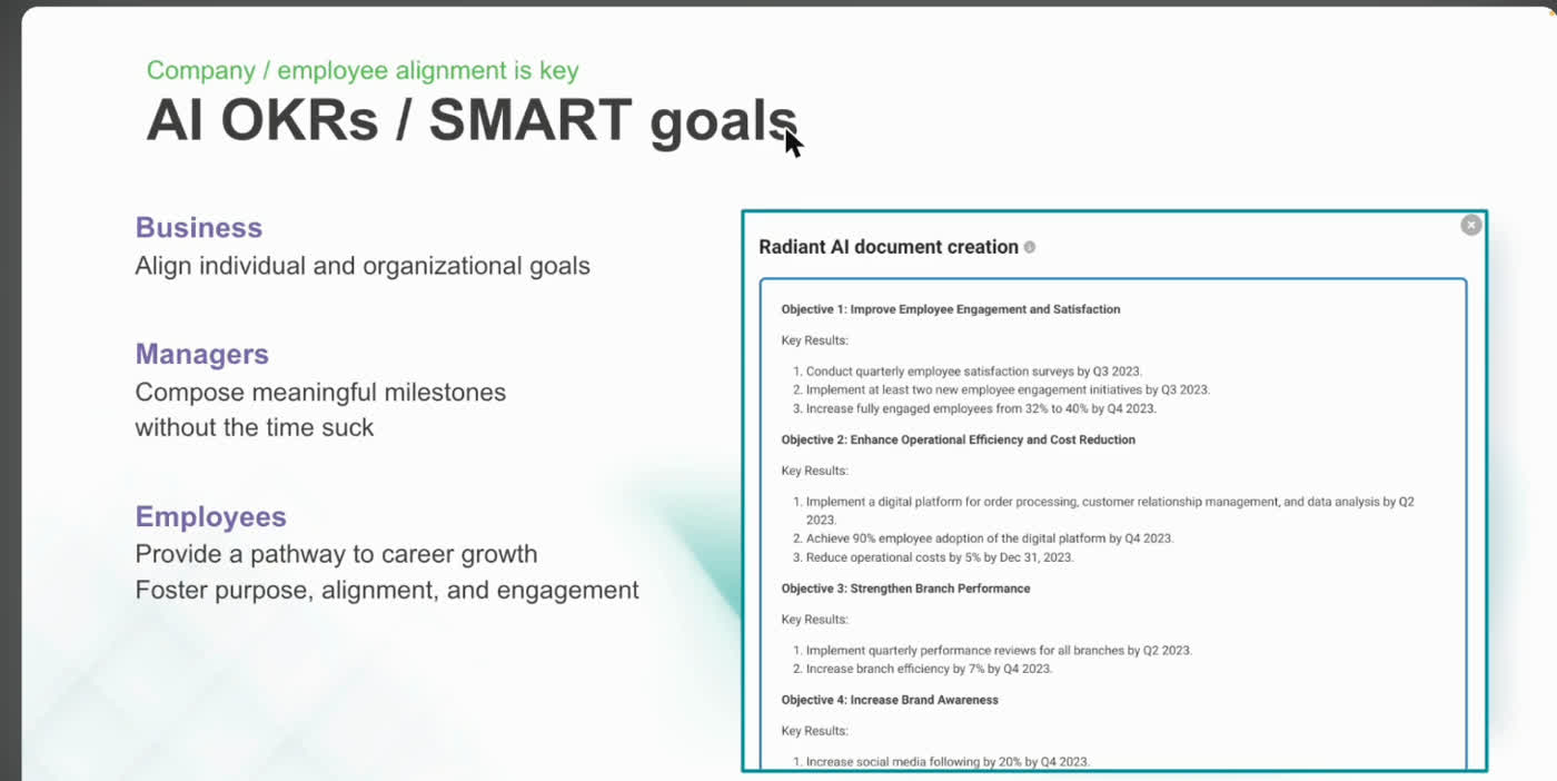 Macorva Radiant AI document creation panel generating OKRs and key results from a performance review prompt