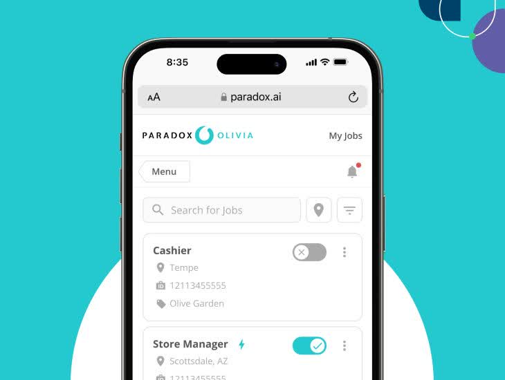 Paradox candidate-facing job search screen on paradox.ai showing open roles like Cashier and Store Manager with toggle controls