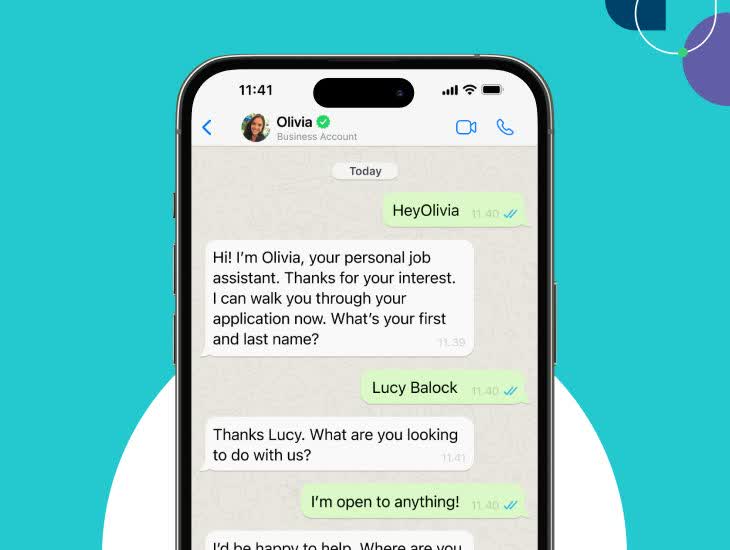 Paradox Olivia chat conversation on WhatsApp asking a candidate for their name and what role they are looking for