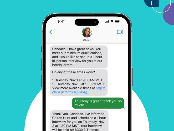 Paradox Olivia chat confirming a candidate meets minimum qualifications and scheduling a one hour in-person interview time