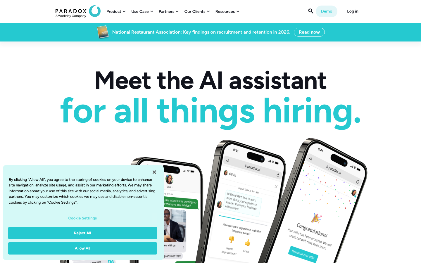 Paradox homepage showing Olivia conversational AI assistant for high-volume frontline hiring automation via SMS, WhatsApp and chat
