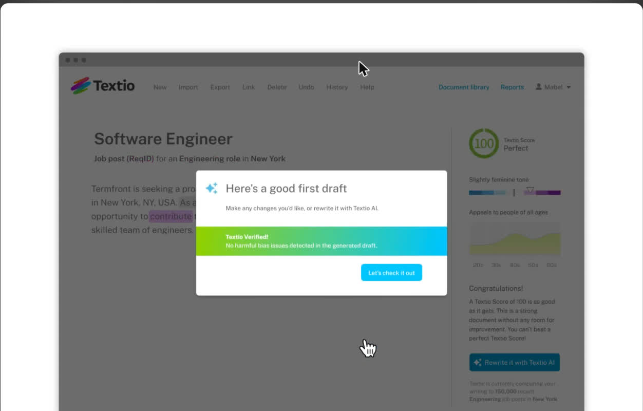 Textio editor showing a perfect Textio Score of 100 and a bias-free verified job post draft