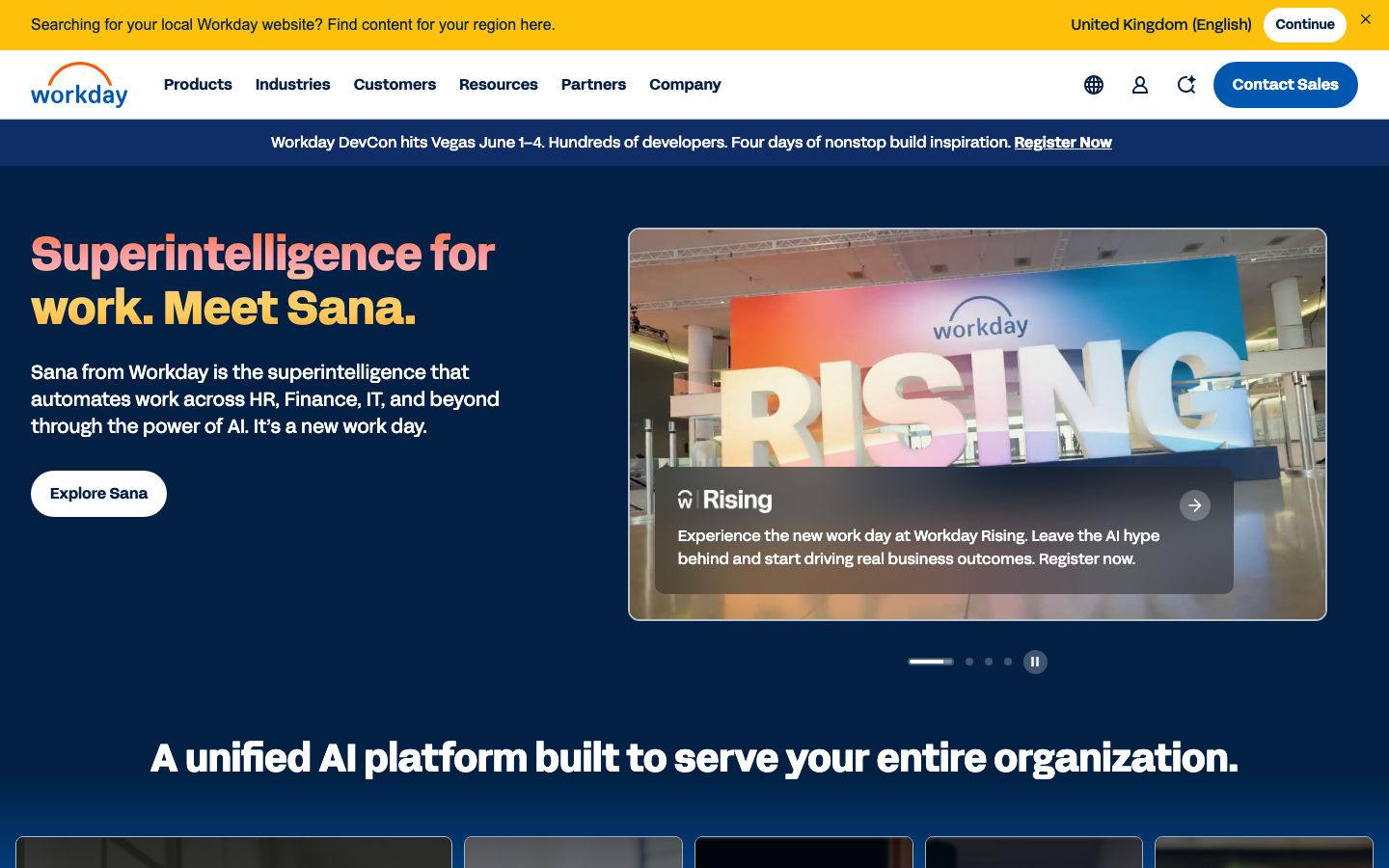 Workday HCM homepage showing enterprise AI-powered human capital management platform with payroll, HR and workforce planning