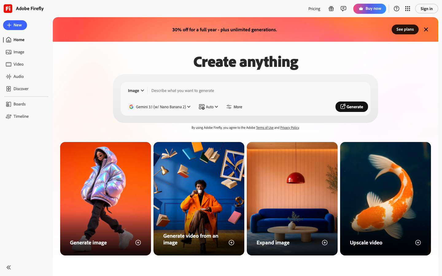 Adobe Firefly homepage showing AI image generation with Generative Fill and model suite