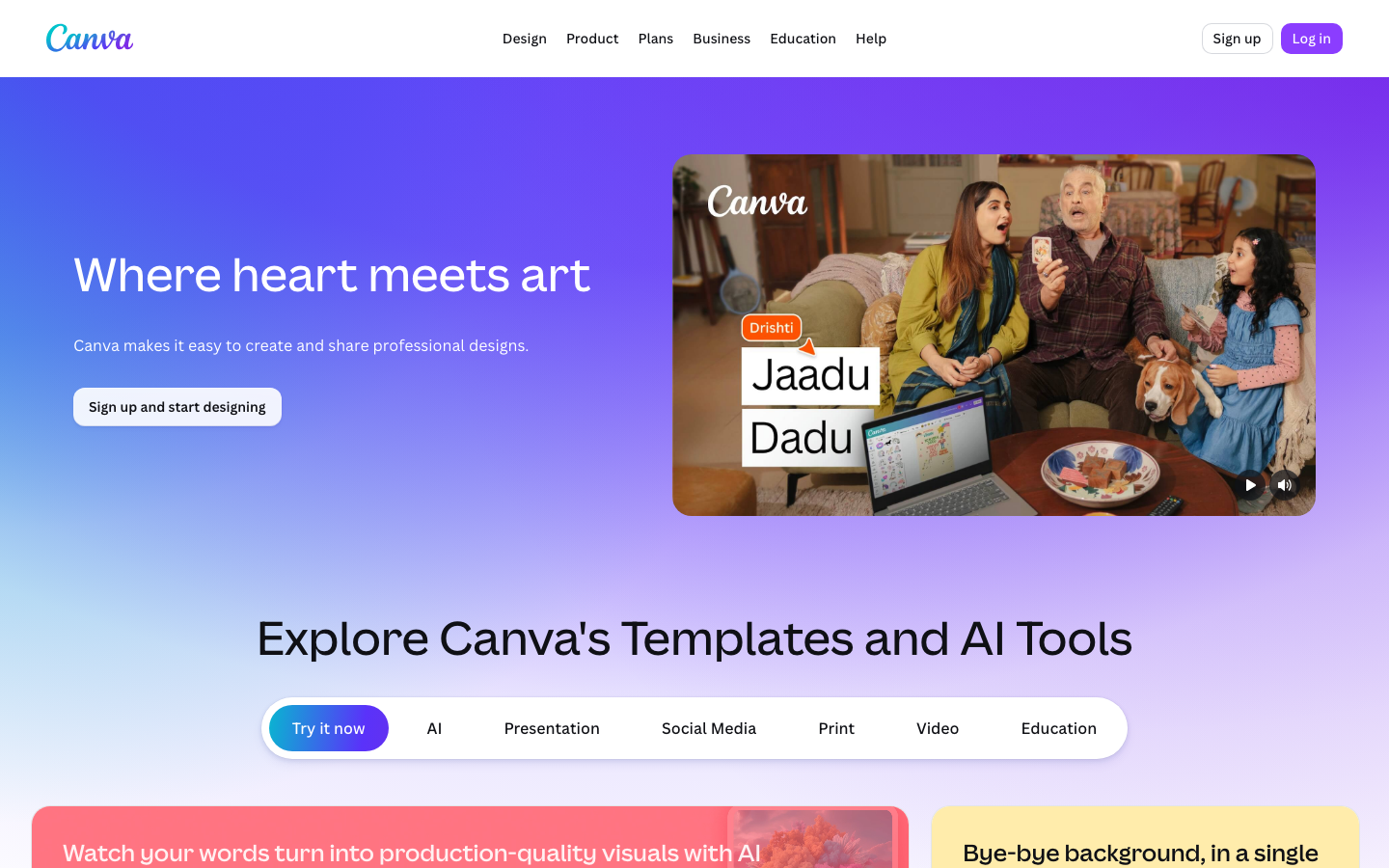 Canva homepage showing design platform with Magic Media AI image generation built in