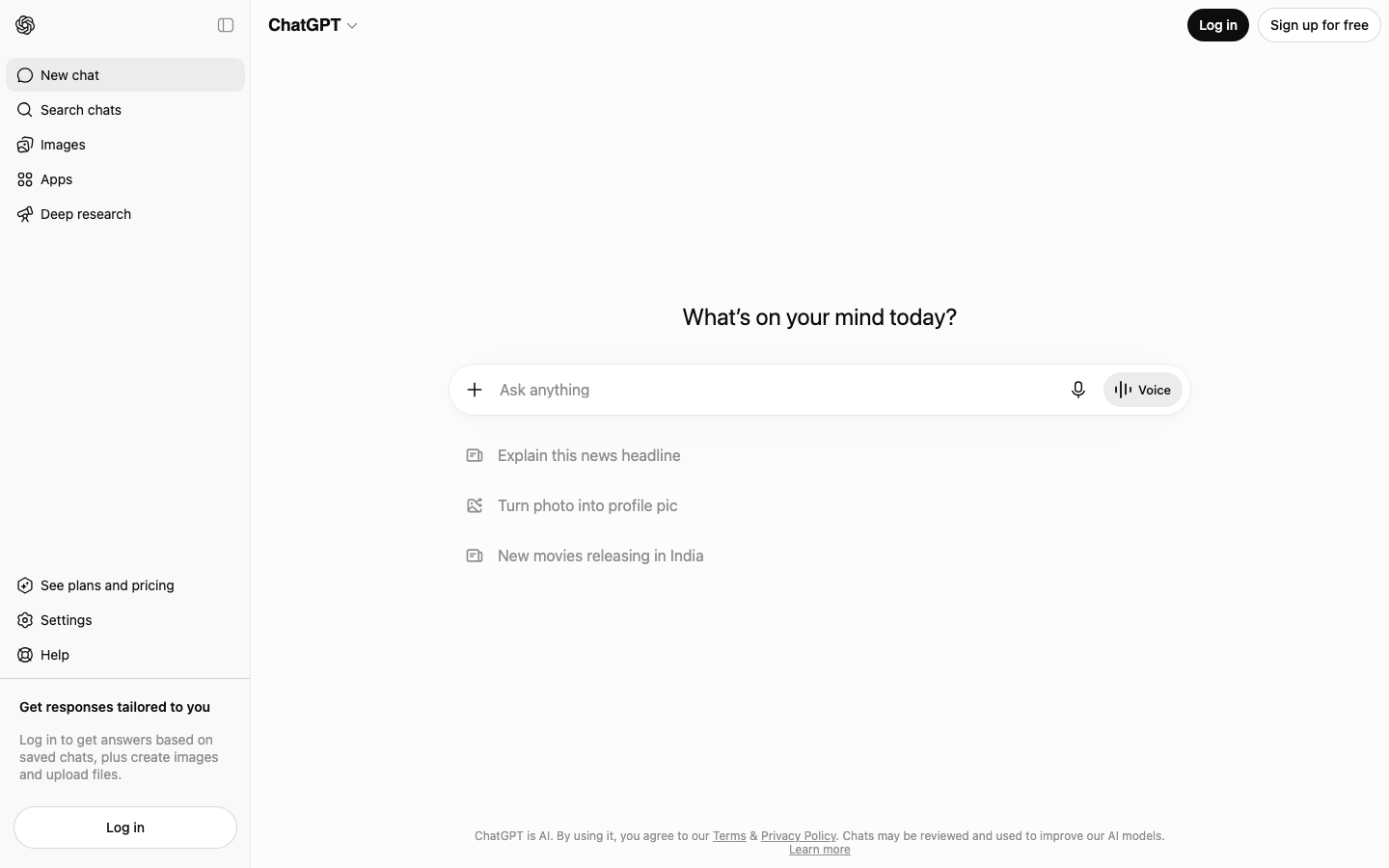 OpenAI ChatGPT homepage showing conversational AI with image generation capability