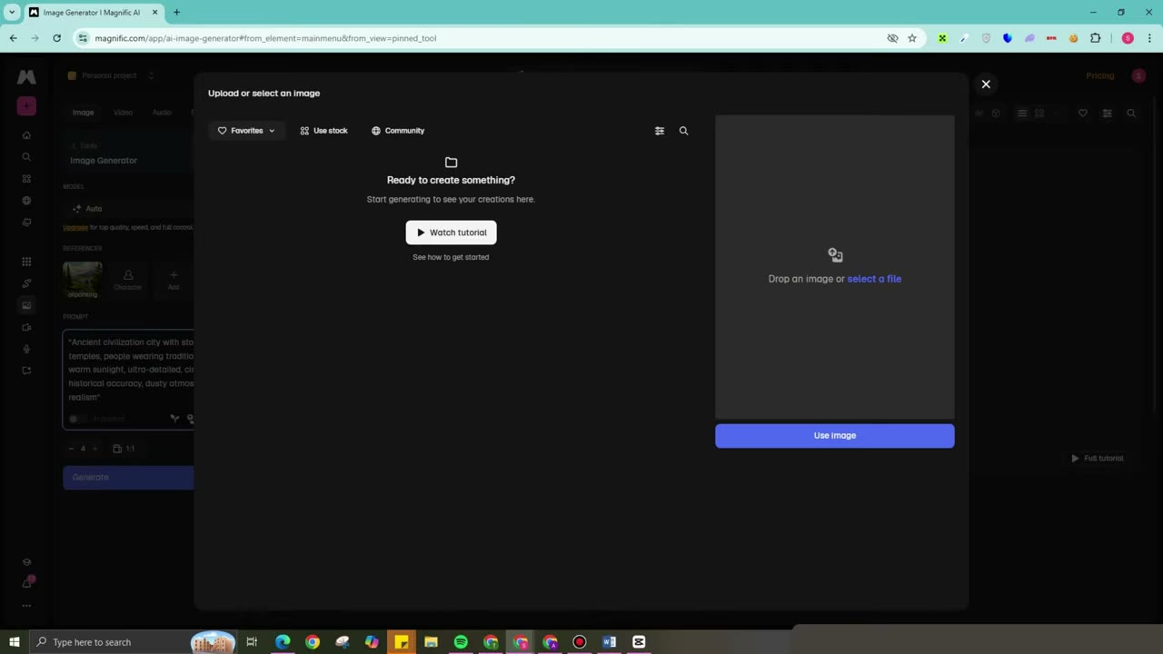 Freepik AI image creation workflow demonstrating text-to-image generation with style and aspect ratio controls