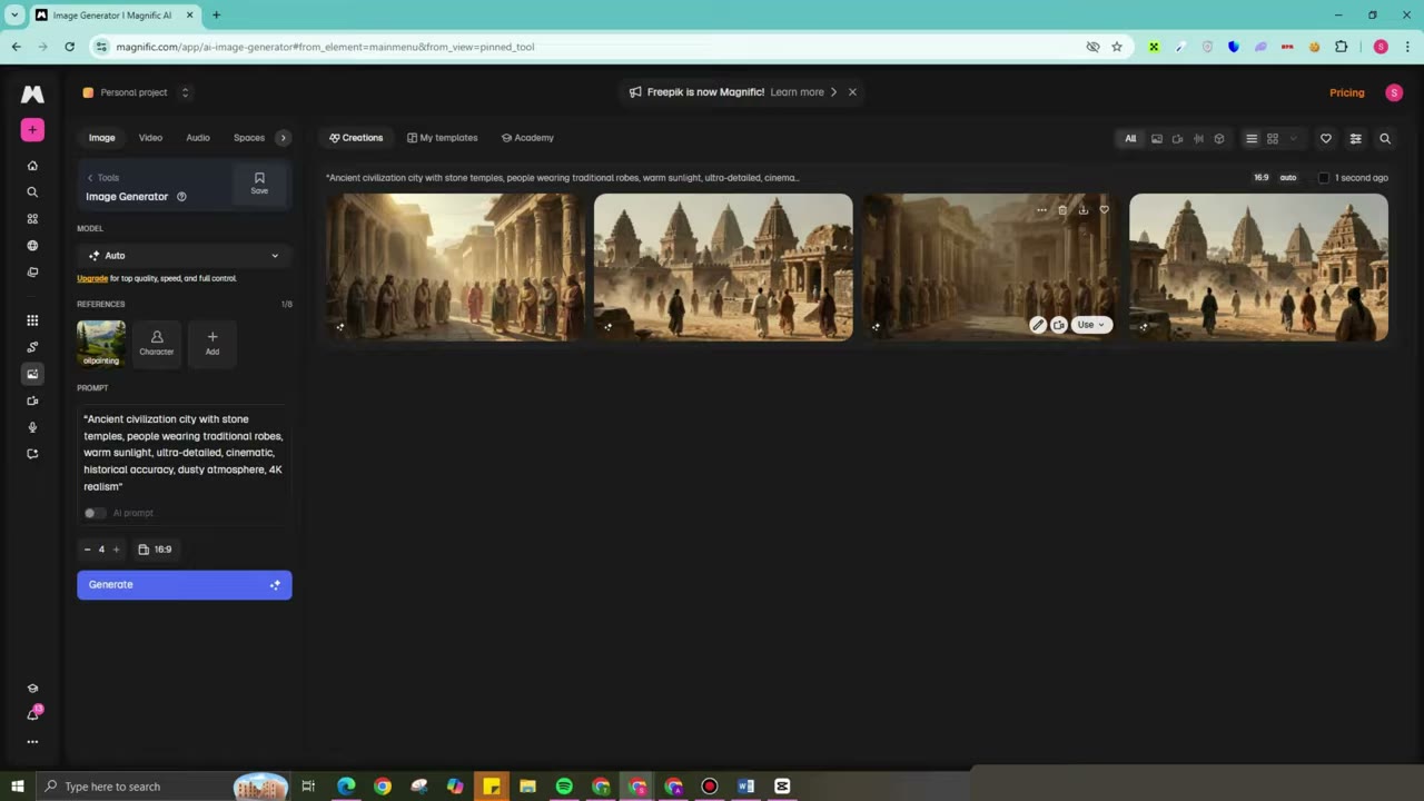Freepik AI style options panel showing image style presets, model variants, and customization settings