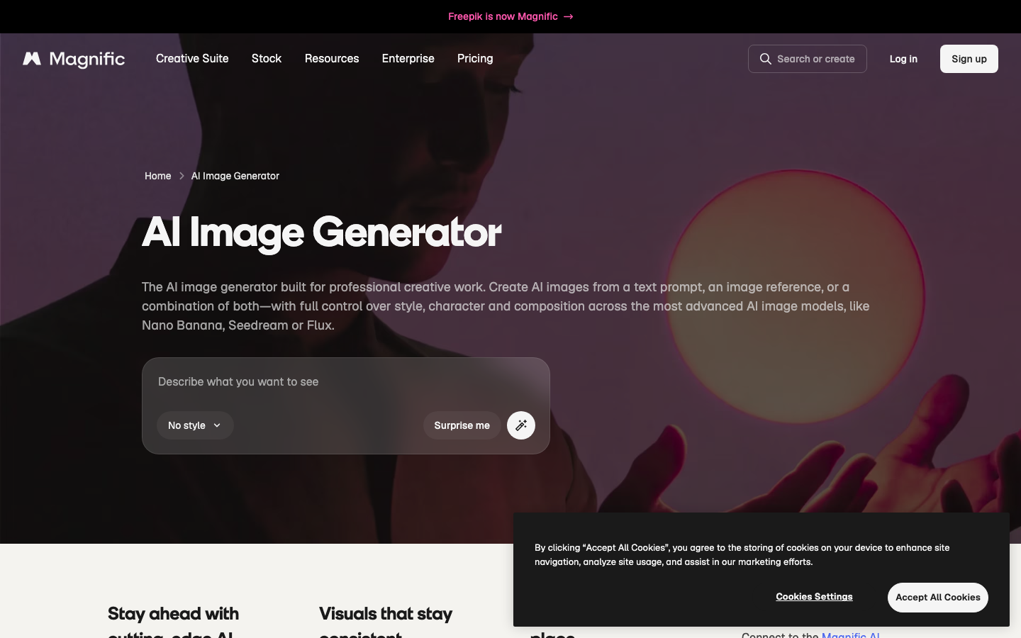 Freepik AI Image Generator interface showing model selection and prompt tools