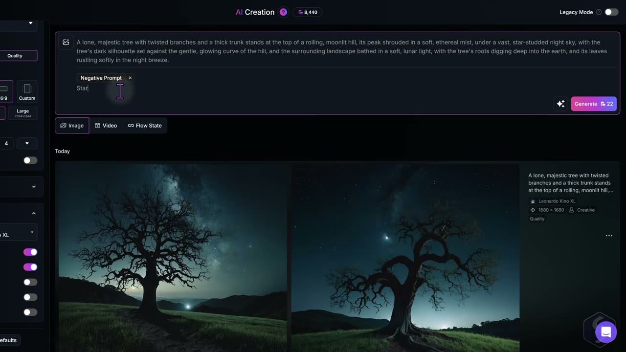 Leonardo.Ai image generation dashboard showing model selector, prompt input, and multi-model output comparison