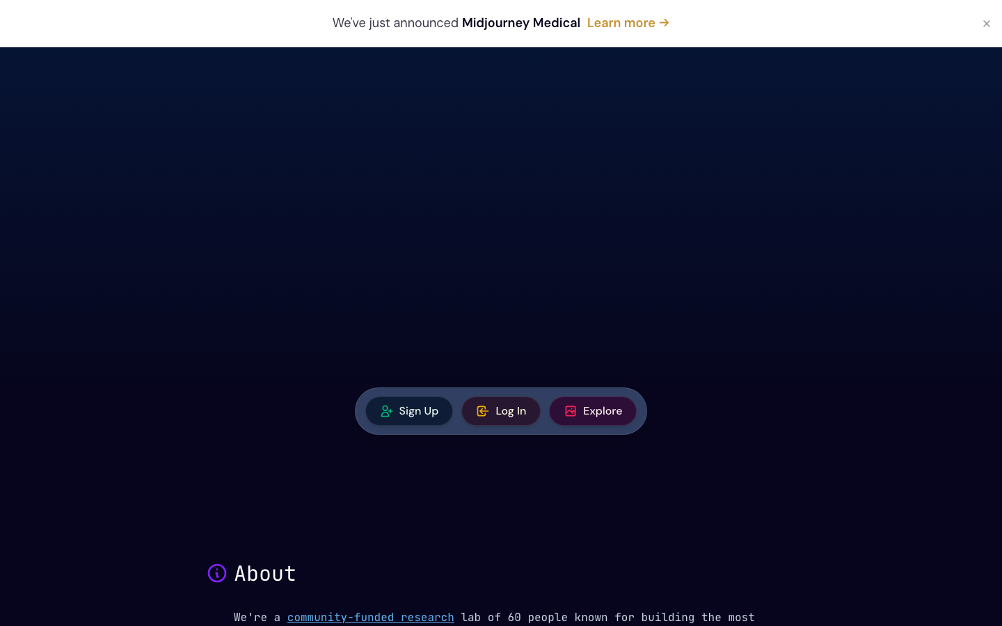 Midjourney homepage showing AI image generation platform with v7 model