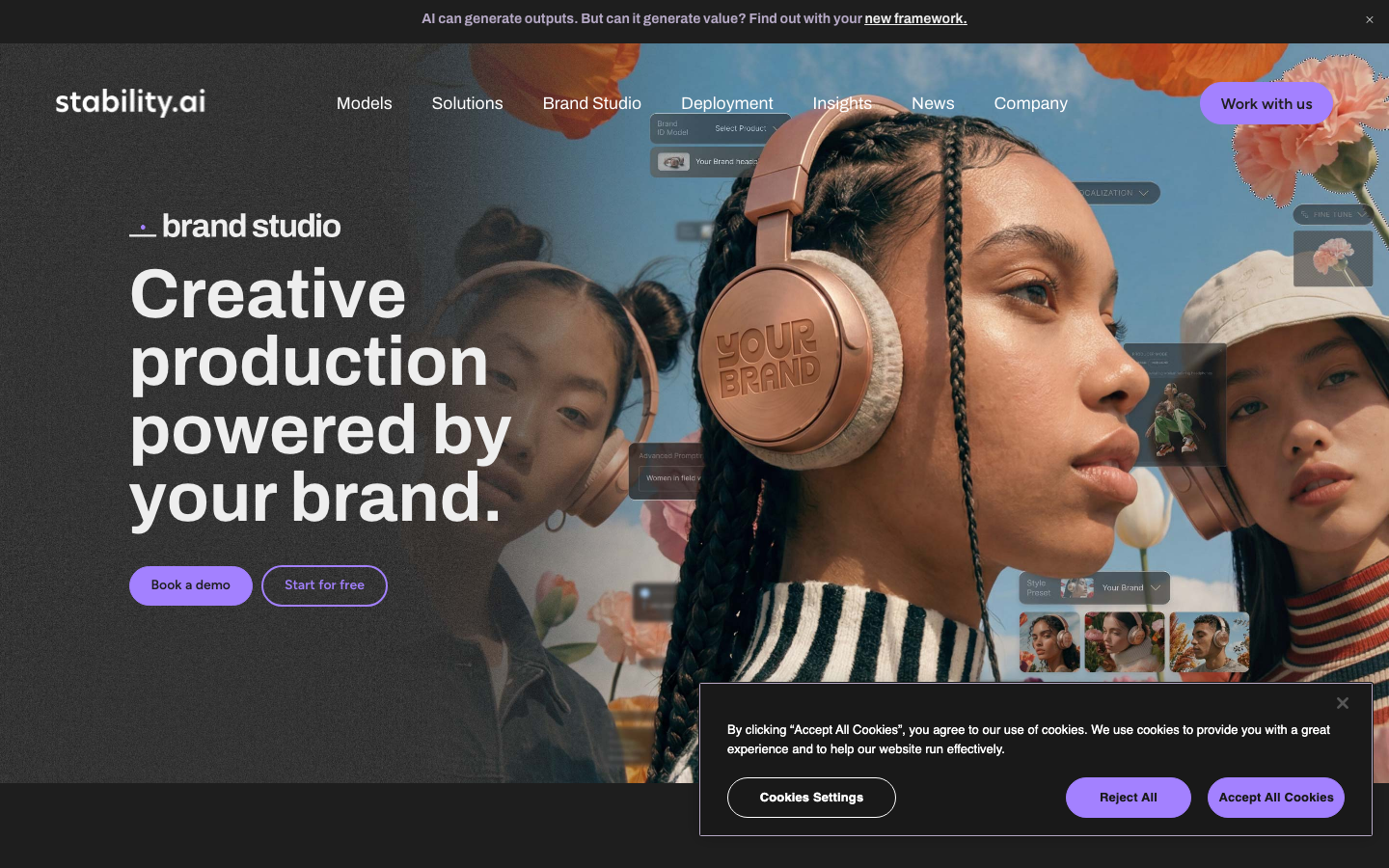 Stability AI homepage showing Stable Diffusion open source AI image model and API