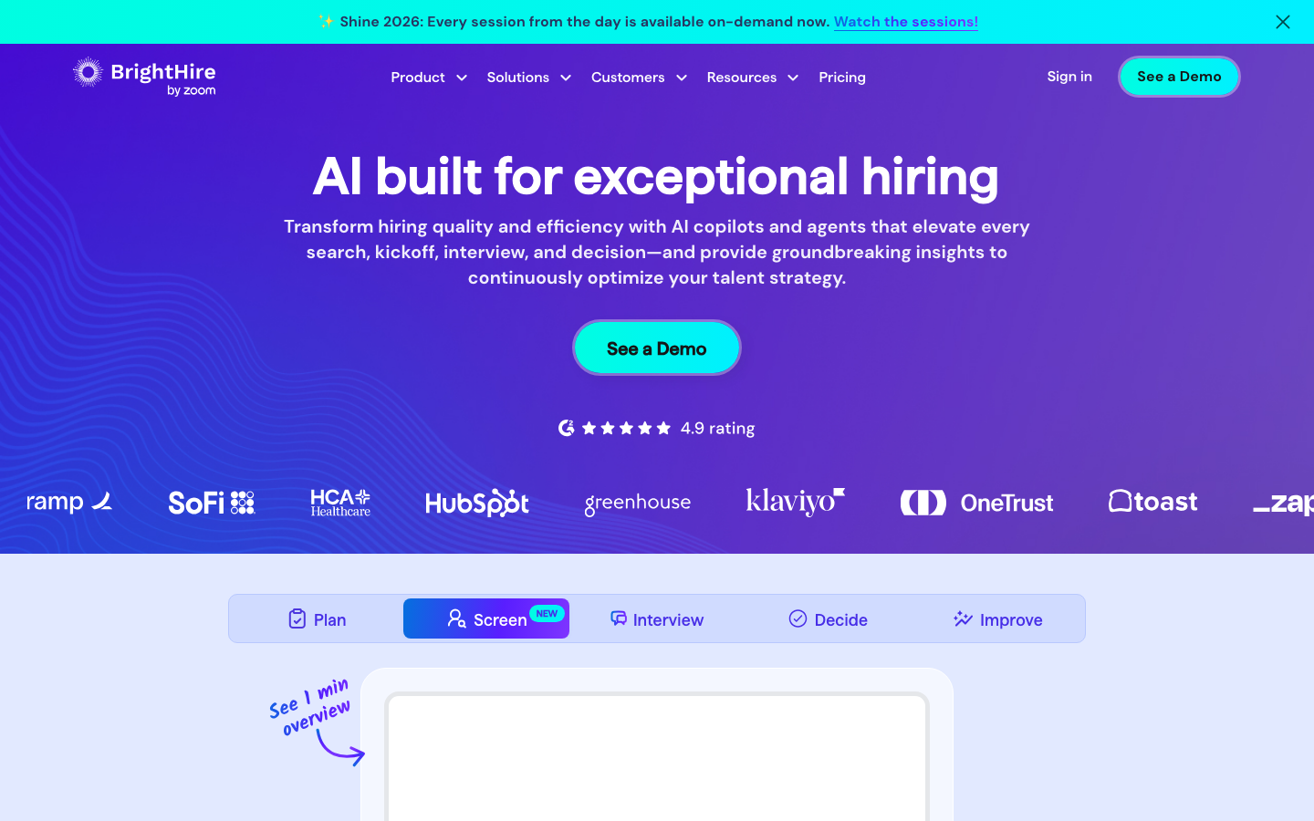 BrightHire interview intelligence platform homepage showing AI-powered structured interviewing with automated notes and hiring decision support