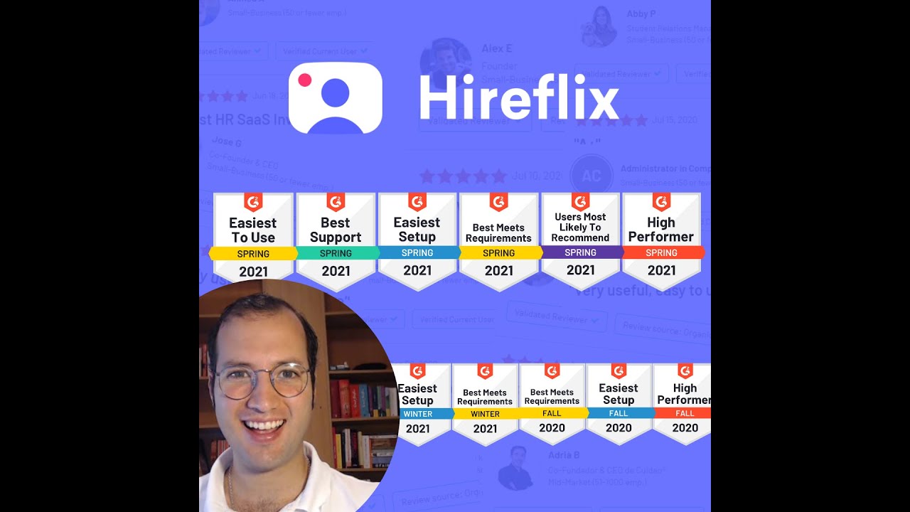 Hireflix one-way video interview platform showing a candidate recording interface with question timer, retake option, and submission screen