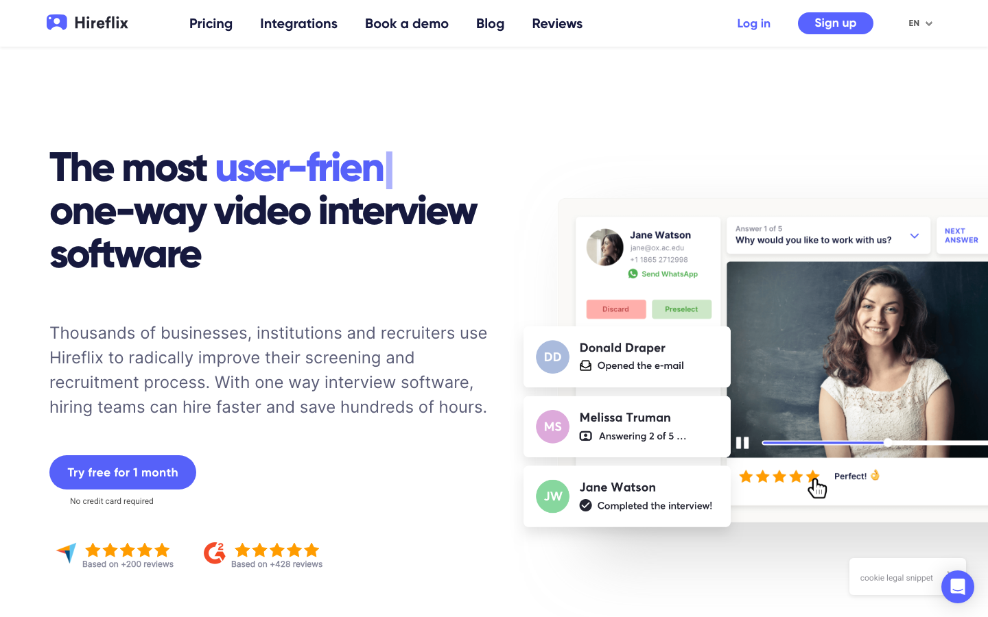 Hireflix homepage showing one-way video interview platform with unlimited positions and interview responses for SMB hiring teams