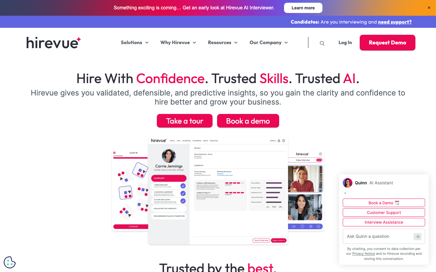 HireVue homepage showing hiring intelligence platform with video interviewing and AI assessment tools for enterprise TA teams