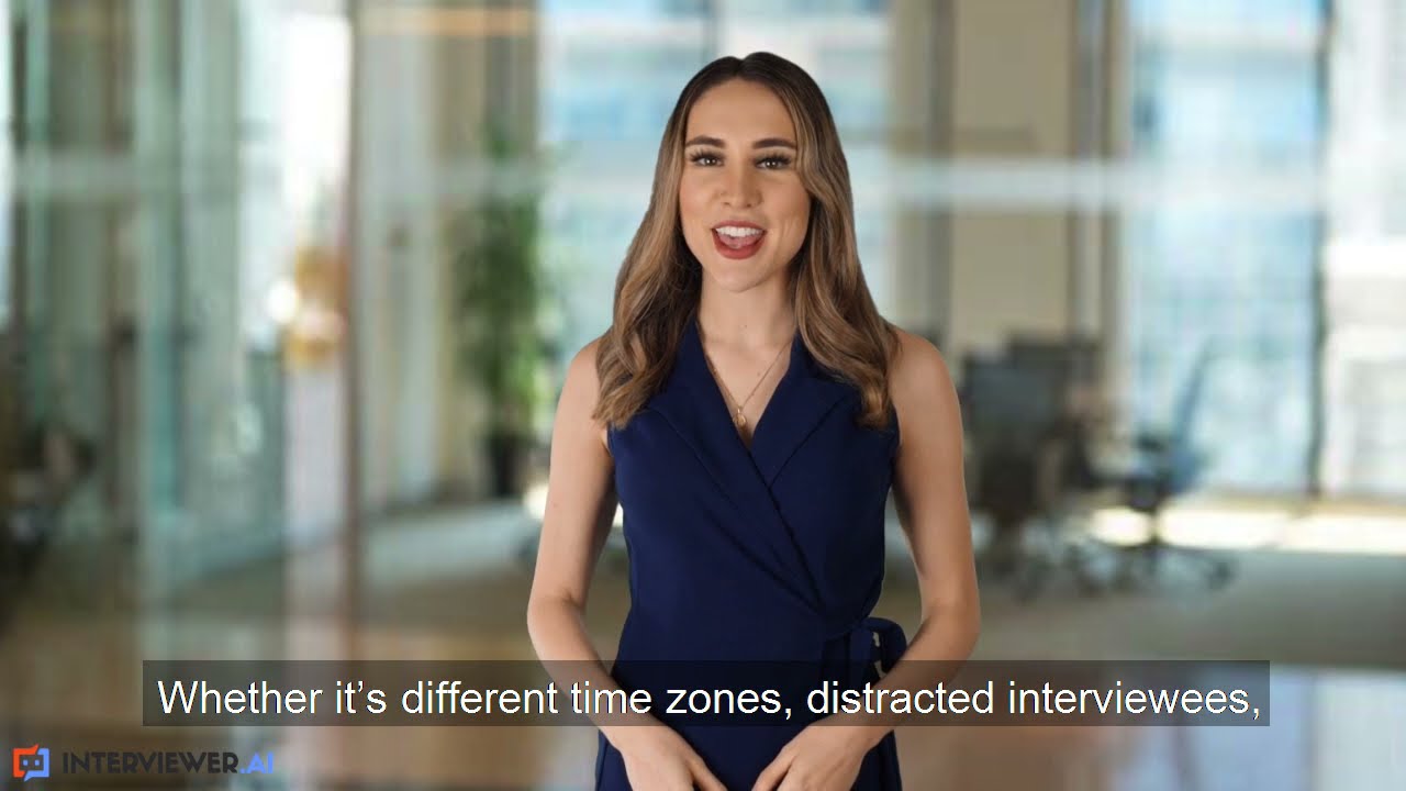 Interviewer.AI recruitment platform showing an AI-scored candidate video interview with competency ratings, transcript panel, and shortlist status