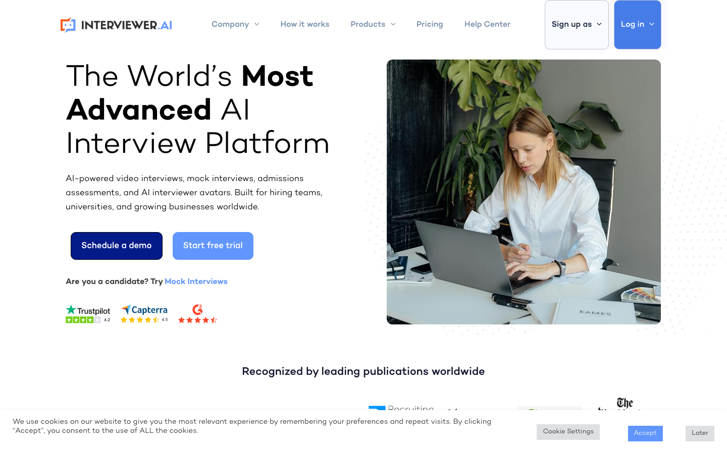 Interviewer.AI homepage showing AI-powered video interview platform with competency assessment and candidate shortlisting features
