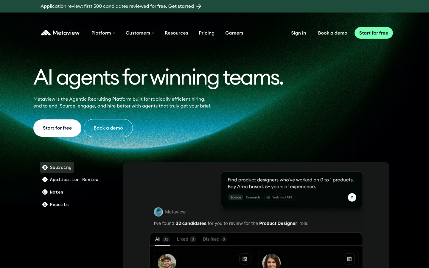 Metaview homepage showing AI recruiting platform with interview notetaker and sourcing agent with modular agent pricing