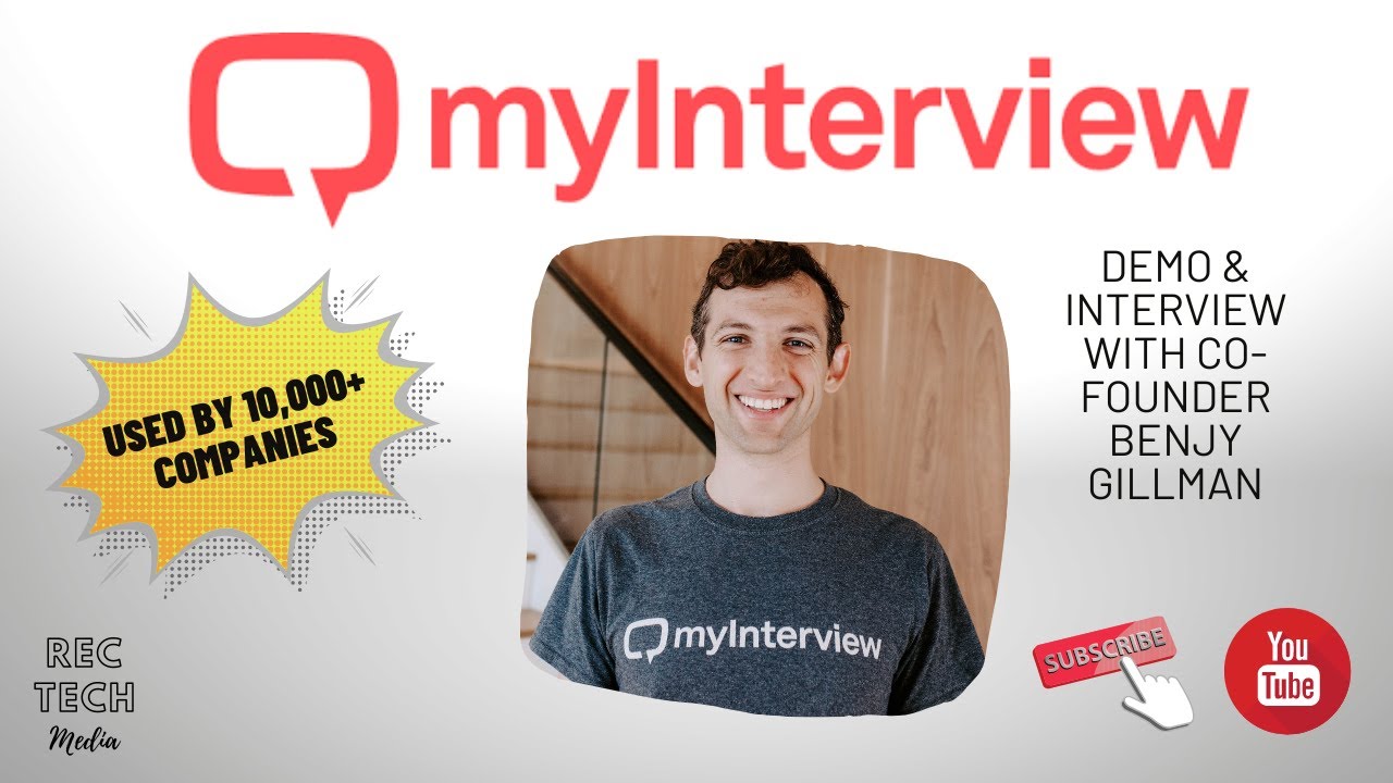 myInterview async video interview platform showing a candidate response library with video thumbnails, scoring filters, and share options