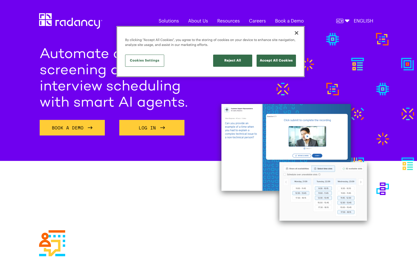 myInterview homepage showing video hiring platform with Smart Shortlisting and 3 million interviews processed