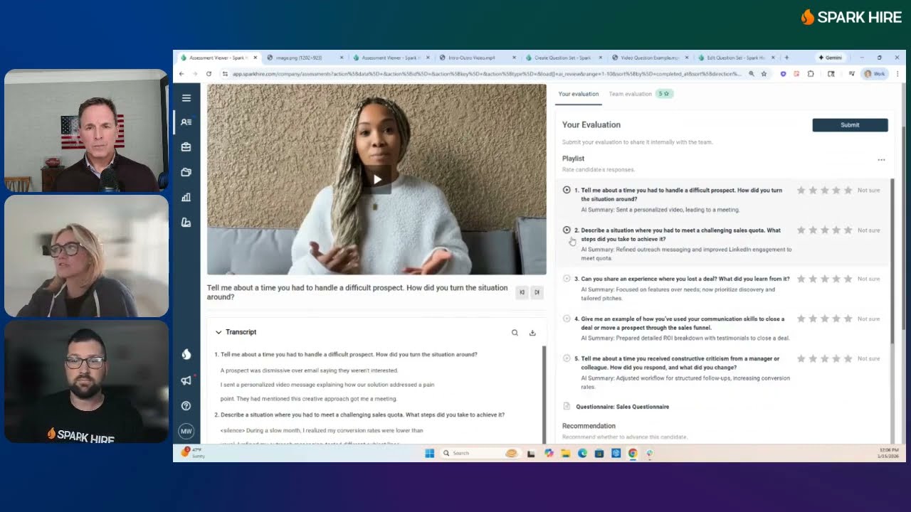 Spark Hire video interview software showing a one-way interview setup screen with customizable questions, time limits, and candidate instructions