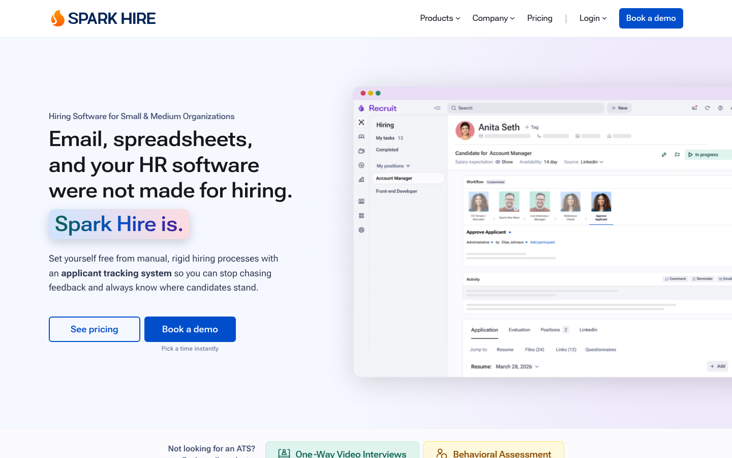 Spark Hire homepage showing video interviewing platform serving 7000 companies with AI-enabled screening and collaborative hiring tools