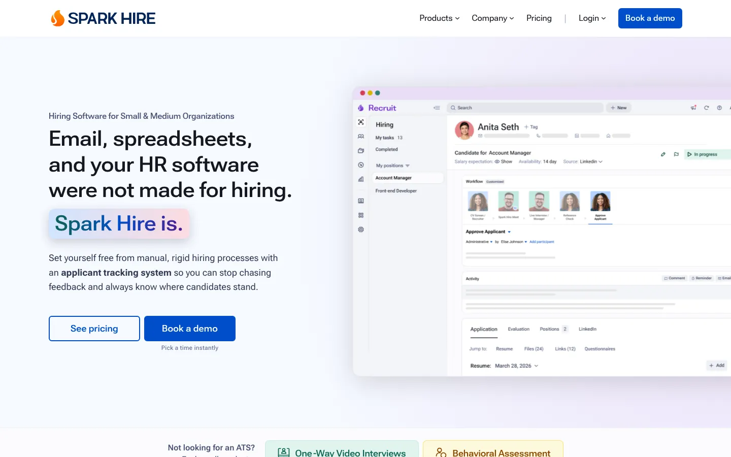 Spark Hire homepage showing video interviewing platform serving 7000 companies with AI-enabled screening and collaborative hiring tools