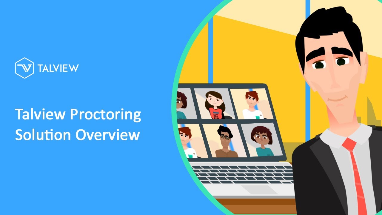 Talview hiring platform showing a proctored assessment overview with AI monitoring indicators, candidate webcam feed, and exam progress panel