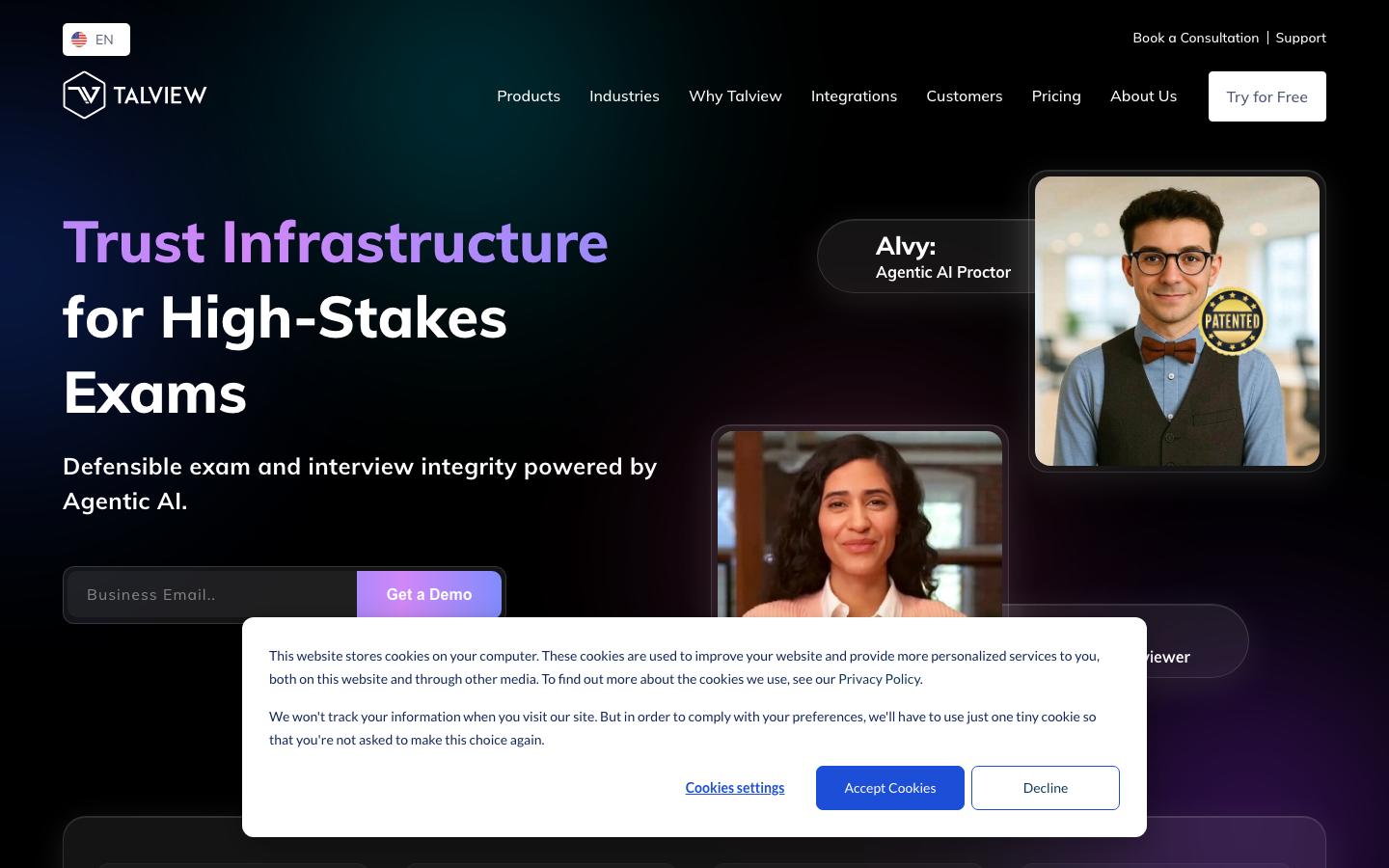 Talview homepage showing agentic AI proctoring and interviewing platform with trust controls for high-stakes hiring assessments