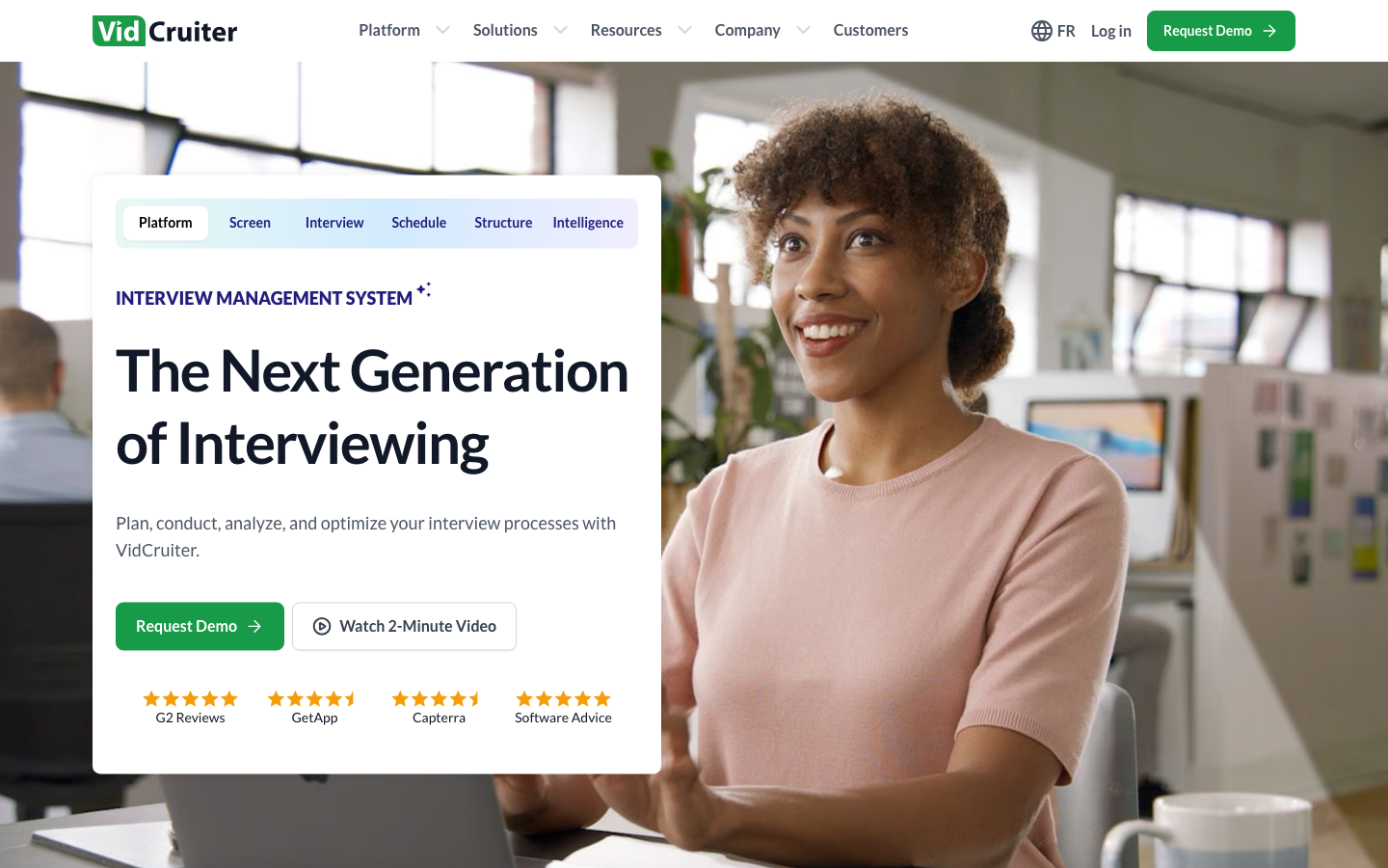 VidCruiter homepage showing video recruiting platform with 75000 recruiter user count and structured interviewing features