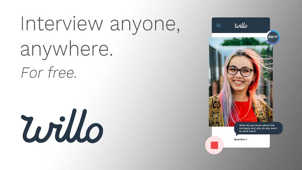 Willo video interview platform showing an employer setup screen with question builder, deadline selector, and candidate experience preview