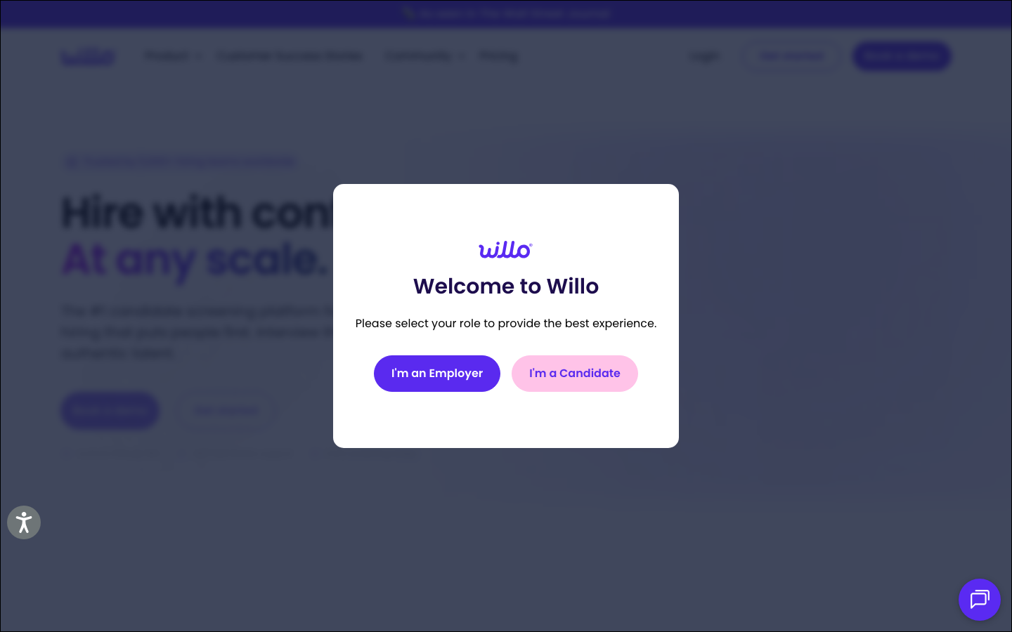 Willo video interviewing platform homepage showing hire with confidence at any scale with async candidate screening