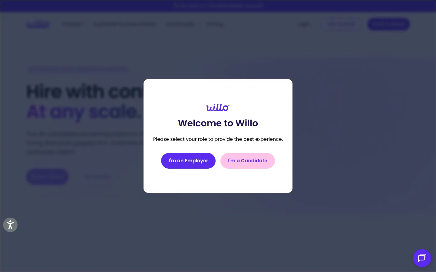 Willo video interviewing platform homepage showing hire with confidence at any scale with async candidate screening