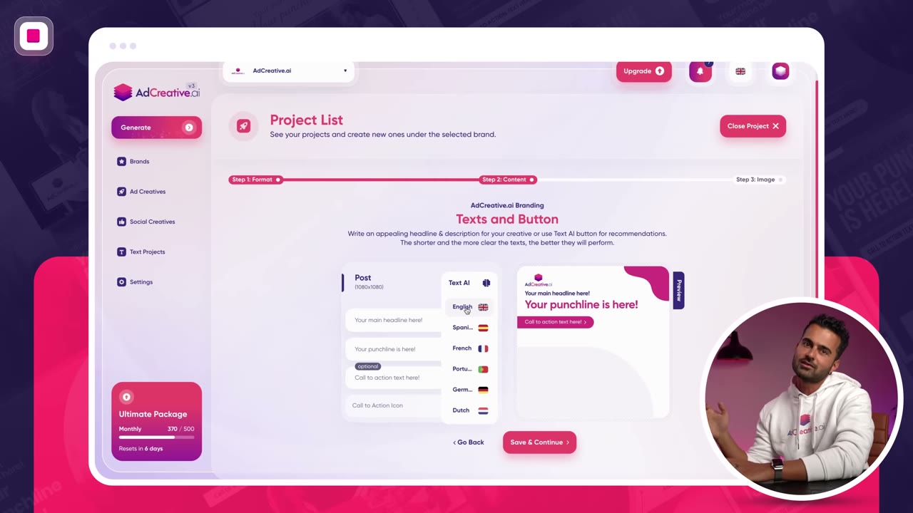 AdCreative.ai ad generation interface showing brand upload, target audience settings, and AI creative output for multiple ad formats