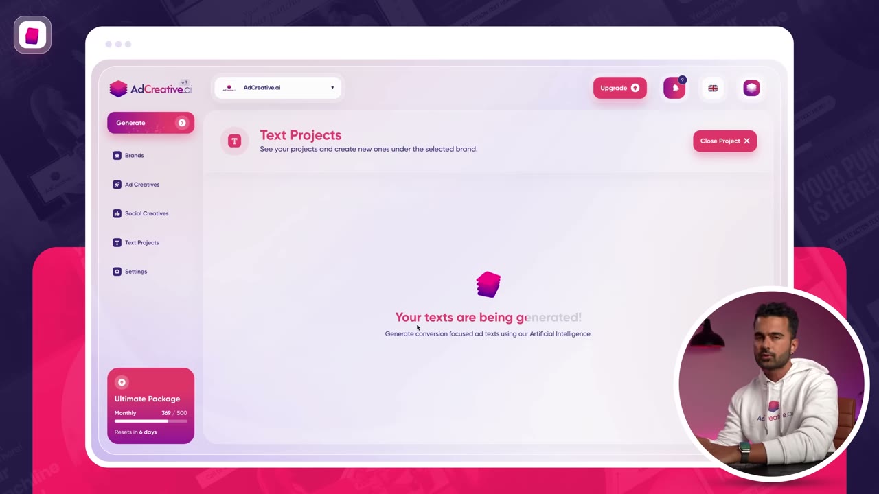 AdCreative.ai platform dashboard showing brand assets, generated creative library, and direct integration with Google Ads and Meta