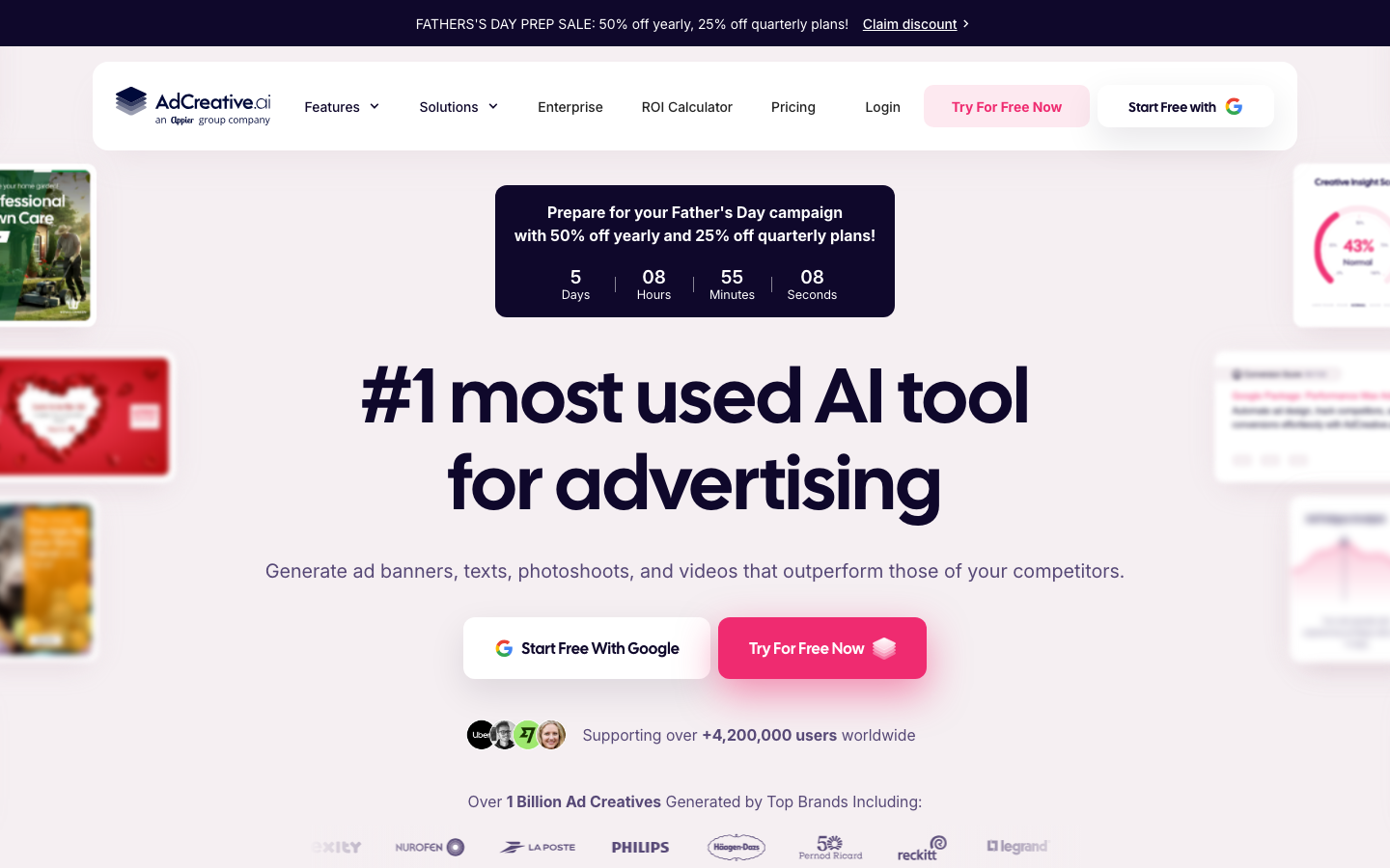 AdCreative.ai homepage showing AI ad creative generator with performance scoring and competitor insights