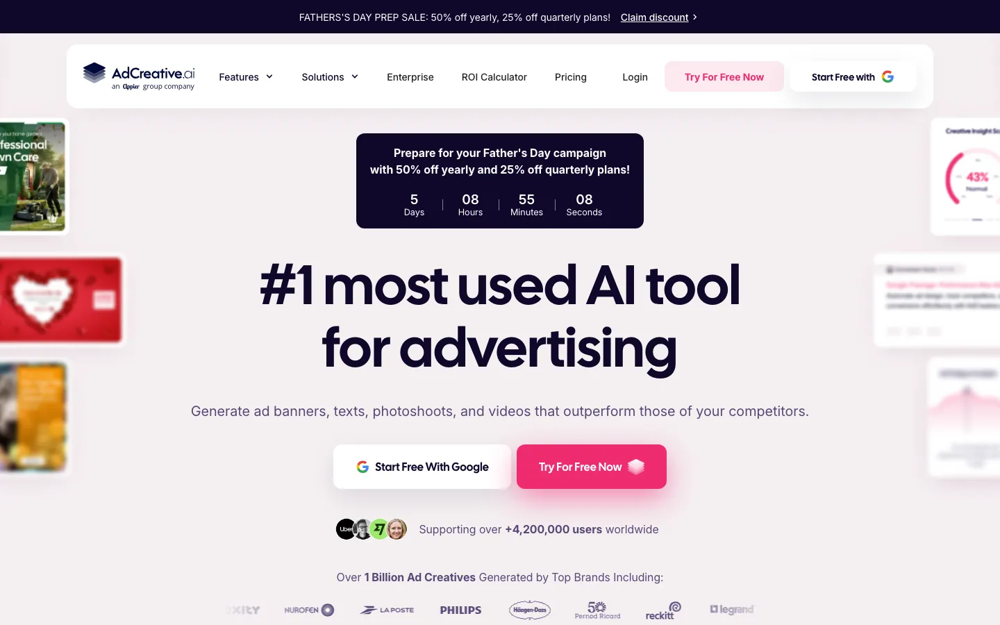 AdCreative.ai homepage showing AI ad creative generator with performance scoring and competitor insights