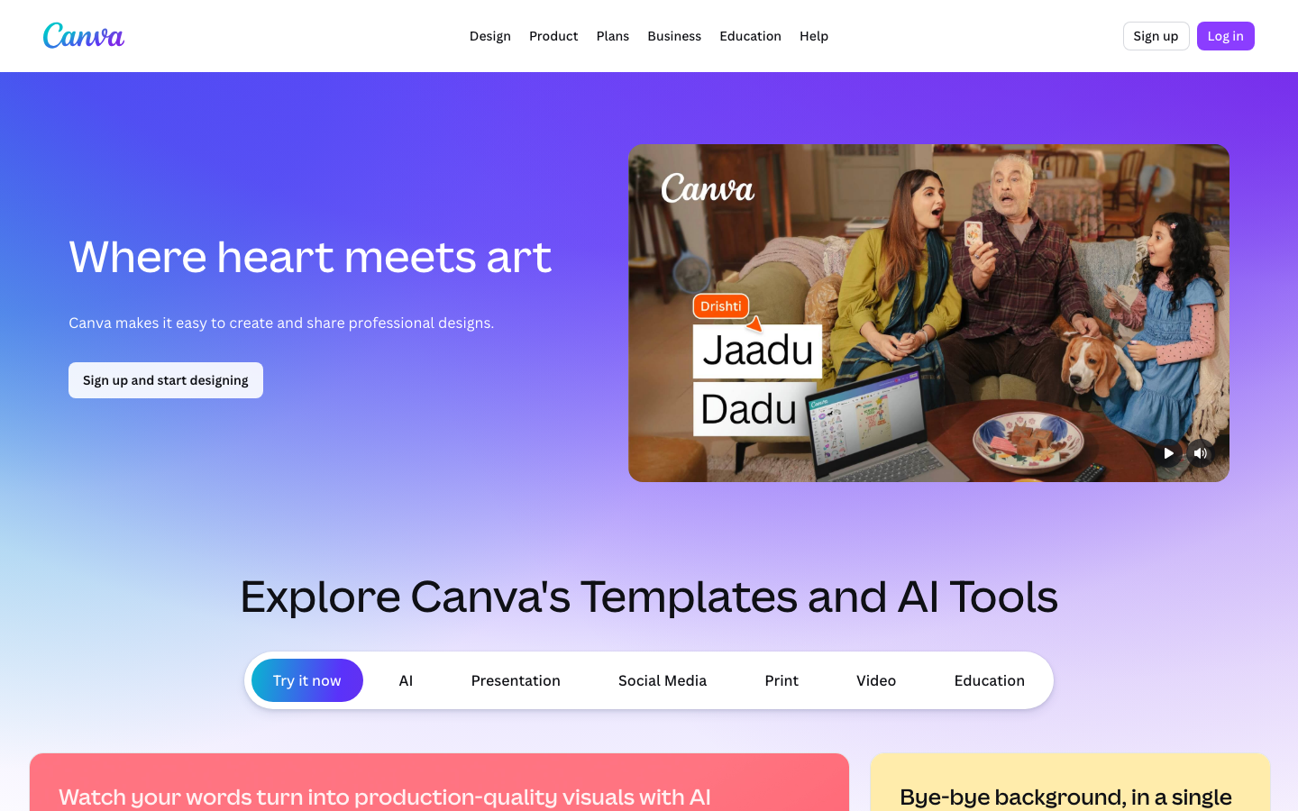 Canva homepage showing Magic Studio AI design tools including Dream Lab and Magic Write for visual content creation